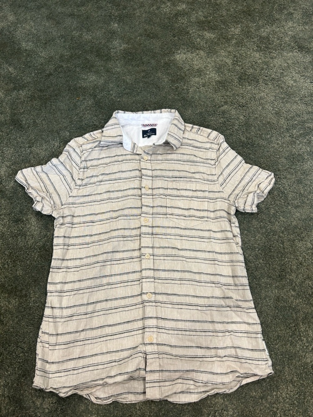 Ben Sherman Casual Striped Short-Sleeve Shirt - Beige with Navy Stripes